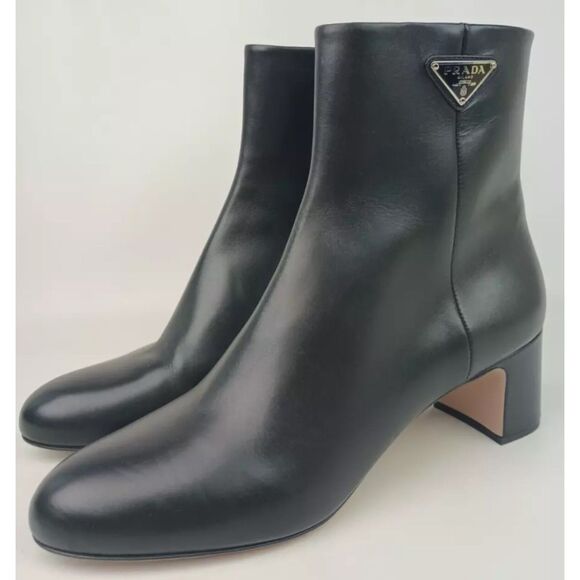 Prada Women's Black Leather Logo Block Heel Ankle Bootie Size 38 $1590+ - Picture 2 of 7